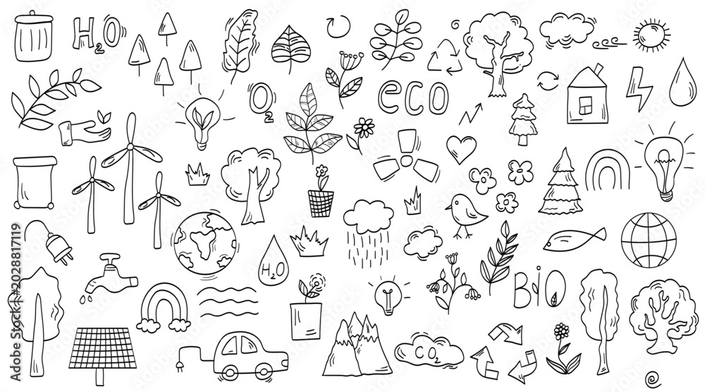Fototapeta premium Collection of ecofriendly environmental icons featuring renewable energy water conservation and nature symbols isolated on transparent background