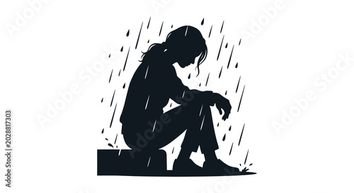 Foto sad woman silhouette in rain black and white silhouette