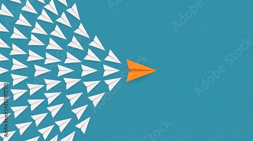Orange paper airplane leading a flock of white paper airplanes across a teal blue origami
