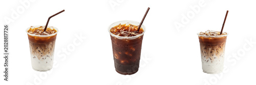 Fotografía Set of Refreshing Iced Coffee Glasses and Cold Brew Beverages with Straws Isolat