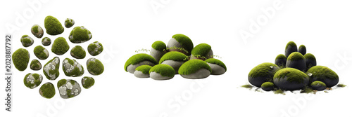 Photography Small pile of natural green mossy stones river rocks PNG isolated on transparent background