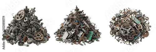 Fotografie Large pile of industrial scrap metal waste and debris PNG isolated on transparent background