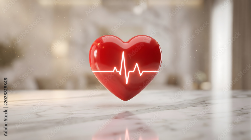Fototapeta premium Glossy red 3d heart with glowing white ecg heartbeat line floating above marble surface background