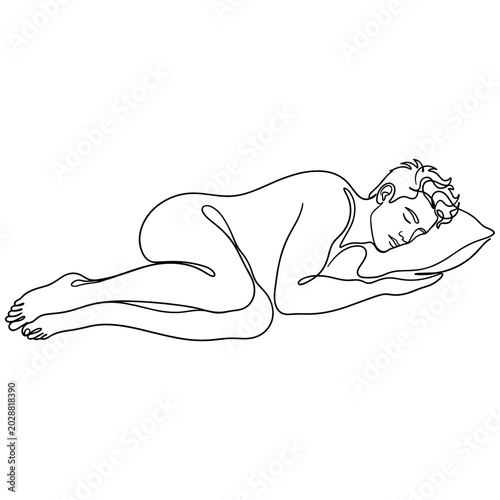 Obraz na płótnie Minimalist outline drawing of a man sleeping peacefully on a pillow in fetal pos