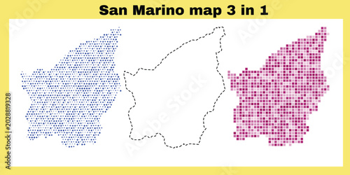 Tableau sur toile San marino map 3 in 1 colorful illustration with blue, pink and black pixels