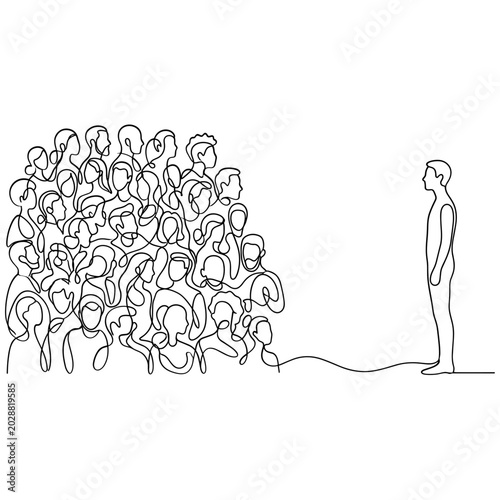 Photos Lone Man Stands Apart From Crowd, Single Line Drawing