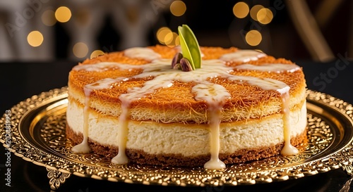 Layered Kunafa Cheesecake with Sweet Syrup Drizzle and Pistachio Garnish on Ornate Platter dessert pastry