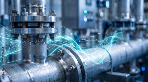 Industrial metal piping system integrated with futuristic digital data flow graphics, representing smart manufacturing, IoT, and industrial technology.