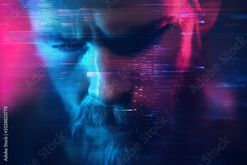 Close-up of a man's face with digital distortion effects