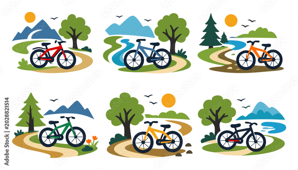 Fototapeta premium Six bicycle illustrations on scenic nature paths, depicting mountains, trees, rivers, and sun for outdoor adventure and eco-friendly travel