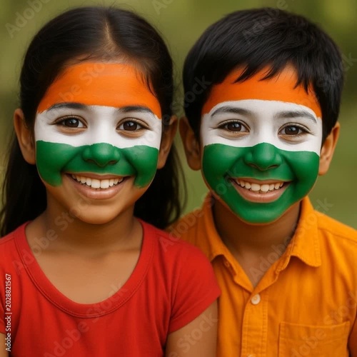 Happy children with Indian flag face paint celebrating together  