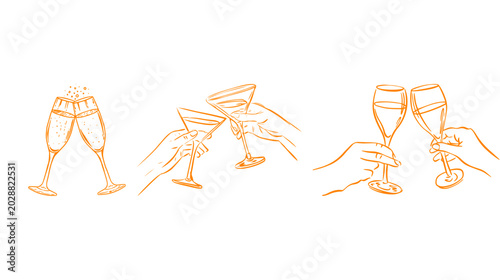Foto Three hand-drawn illustrations of hands clinking glasses of champagne and cockta