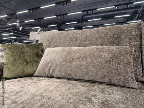 Obraz na płótnie A modern gray settee with one long cushion and a dark green square pillow, avail