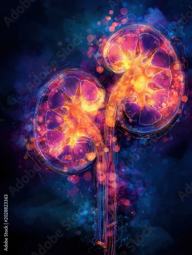Glowing Abstract Illustration of Diabetic Nephropathy Showing Sugar Impact on Kidney Health