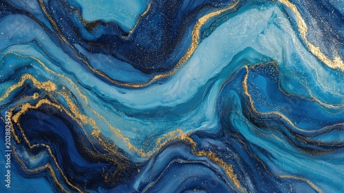 Flowing abstract fluid art background with deep azure and navy blue marble swirls intertwined with delicate gold veins