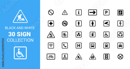 Collection of thirty black and white universal pictogram icons on transparent background