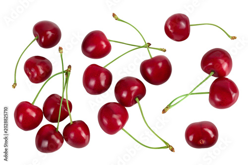 red sweet cherry isolated on white background with full depth of field, Top view. Flat lay