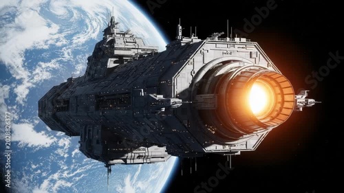 Massive spaceship with glowing engine near planet earth in space