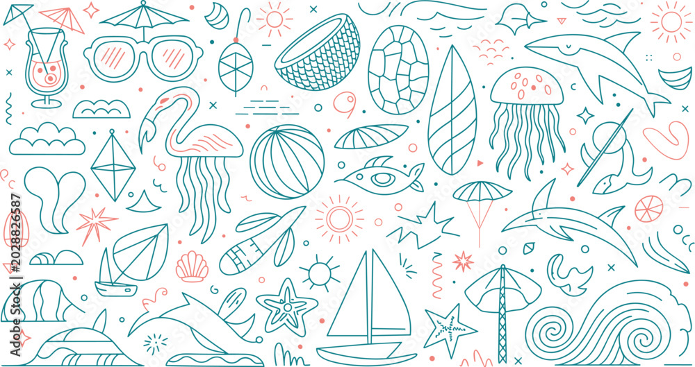 Naklejka premium Ocean doodle icons collection. Marine elements, summer beach vector illustration