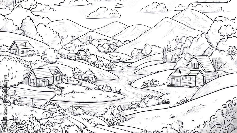 Obraz premium Black and white rural landscape drawing, houses, river, hills, trees