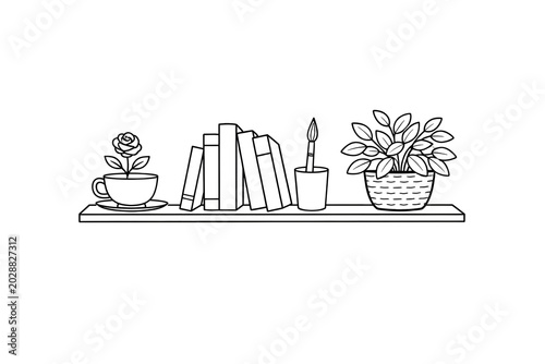 Minimalist shelf line art illustration with potted plants, books, and teacup