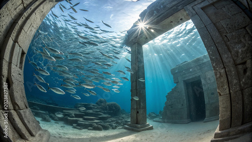 Underwater School of Fish near Ancient Ruins