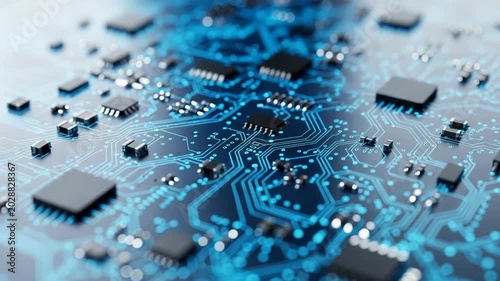 Abstract view of a complex electronic circuit board with microchips