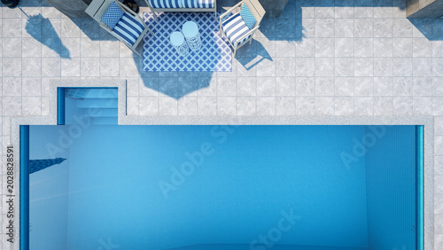 Top view of luxury rooftop swimming pool and modern patio lounge, 3D Rendering