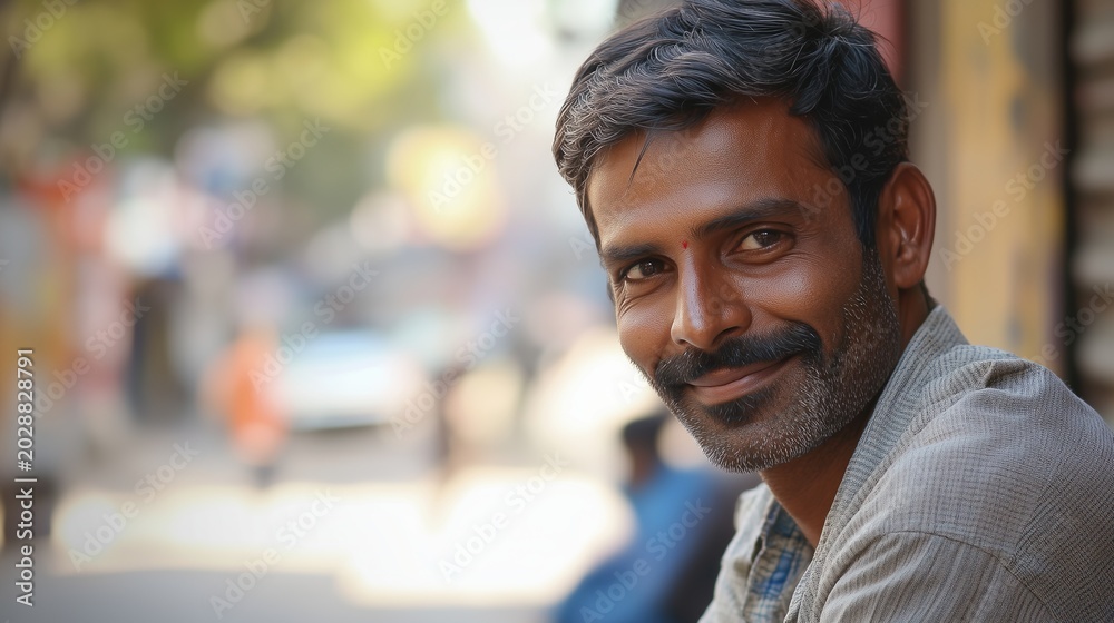 Obraz premium Indian Man Portrait with Dark Hair and Beard Smiling at Camera