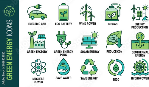 Foto Green energy icons set including solar power, wind turbine, recycling, and elect