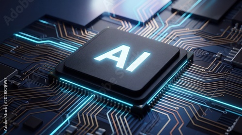 A close-up view of a high-tech microchip with a glowing AI logo centered on a detailed computer circuit board, representing advanced machine learning technology.