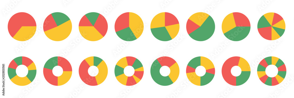 Fototapeta premium Colorful Pie Chart Collection with Varying Segments for Business Statistics, Reporting, and Infographic Design Elements.