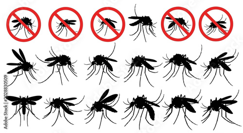 Schilderij op canvas Collection of mosquito silhouettes in various poses and with prohibition signs,