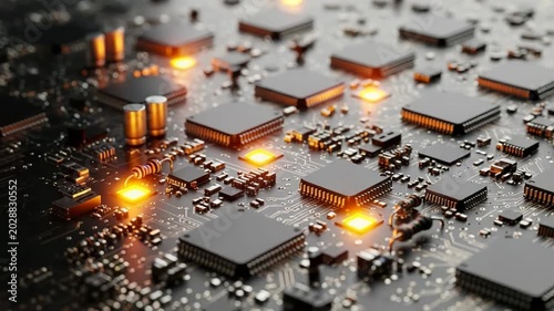Closeup of a complex computer motherboard with glowing components