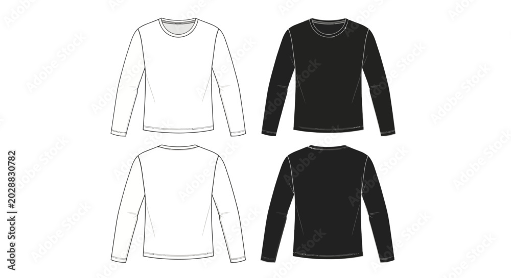 Naklejka premium Set of four long-sleeved t-shirts, two white and two black, shown front and back views, in a clean line art style on a white background