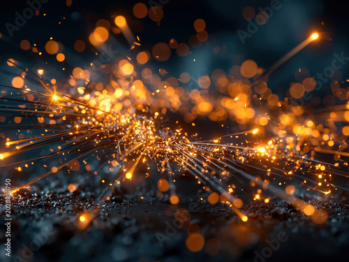 Slow motion sparks flying between parallel wires in high contrast, black and blue background, dynamic energy transfer depicted - AI-Generated