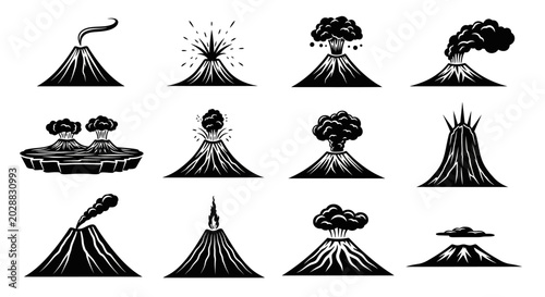 Canvas Print Collection of vector illustrations depicting various types of volcanoes erupting