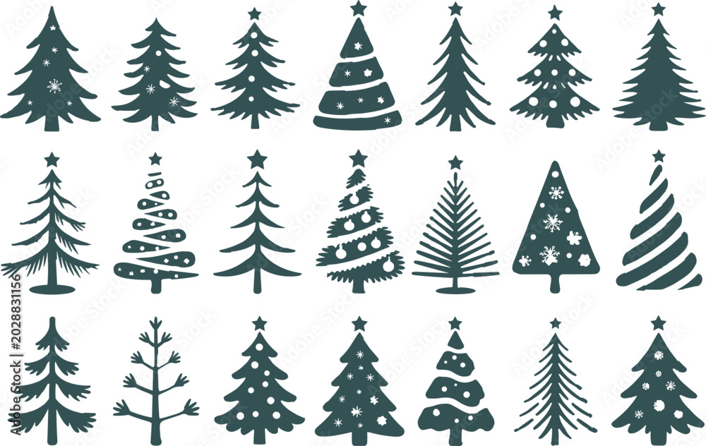 Obraz premium Assortment of stylized christmas trees icons in dark green flat design