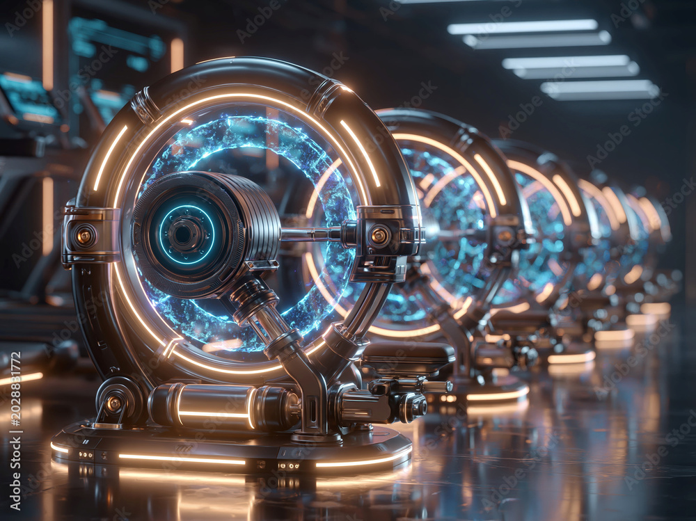 Fototapeta premium Futuristic gym with AI-controlled resistance machines powered by energy fields, glowing magnetic systems, reflective floors, minimal cyber aesthetic, high-tech machinery, intricate desi - AI-Generated