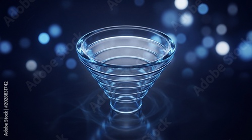 A conceptual glass funnel design glowing against a dark blue background with soft bokeh lights, representing filtration, processing, and data analysis.