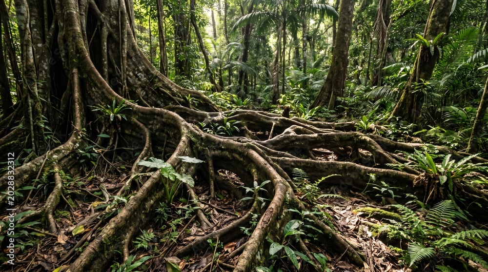 Obraz premium Deep within a vibrant tropical rainforest, a captivating display of ancient tree roots intertwines across the lush, verdant jungle floor, illuminated by filtered sunlight