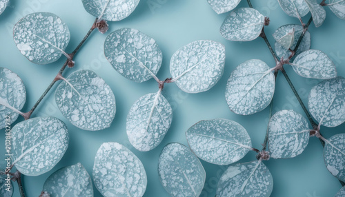 Silver-blue eucalyptus leaves macro. Clean respiratory wellness.
