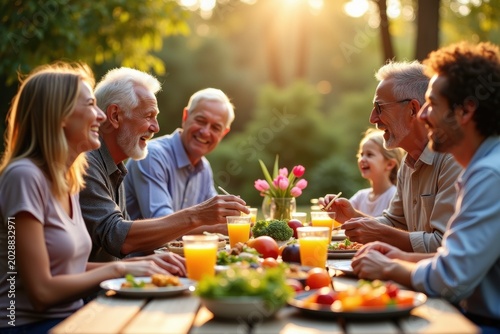 Multi generational family enjoying outdoor dinner together during sunset