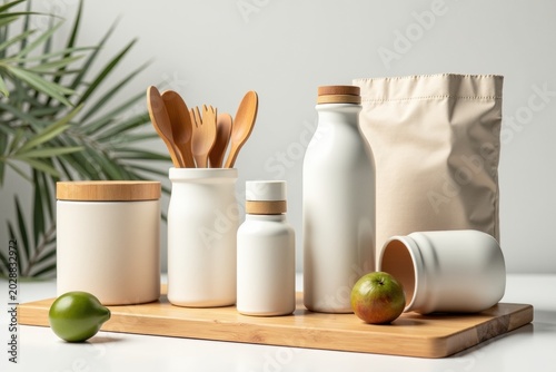 Minimalist Ceramic Kitchen Storage Jars and Wooden Utensils on Cutting Board