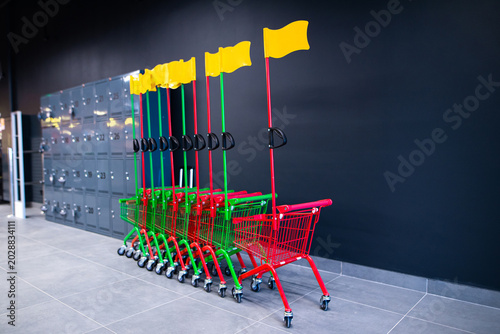 Small shopping carts for children in a supermarket. Kid-friendly grocery store equipment and family shopping concept.