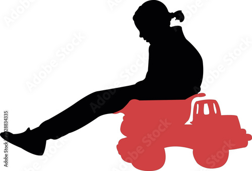a girl sitting on toy truck, silhouette vector