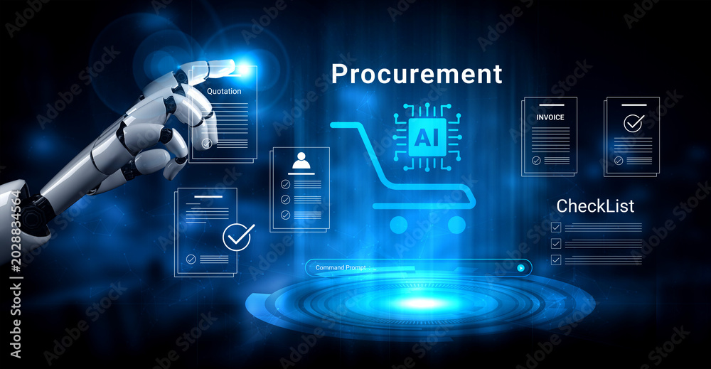 Naklejka premium A robotic hand points towards a digital procurement interface showcasing AI integration along with checklists and invoices, representing future technology in business processes. Cyphers