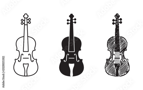 Fotografija Set of Three Violin Icons in Outline, Solid Black, and Hand-Drawn Sketchy Styles