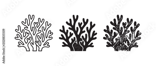 Photos Set of three black and white coral or seaweed icons in outline, solid, and sketc