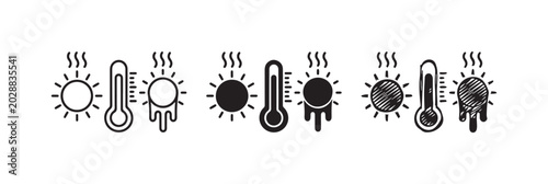 фотографія Heat icons set featuring sun, thermometer, and melting sun in outline, solid, and hand-drawn styles, representing extreme temperatures and climate change